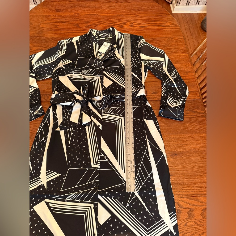 NWT Ralph Lauren Geo-Print Belted Sateen Silky Twill Shirtdress Black Cream 18 - Picture 6 of 16